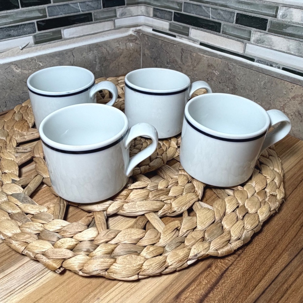 Dansk Bistro Coffee Mugs Set of 4 White Navy Blue Stripe Stoneware Japan